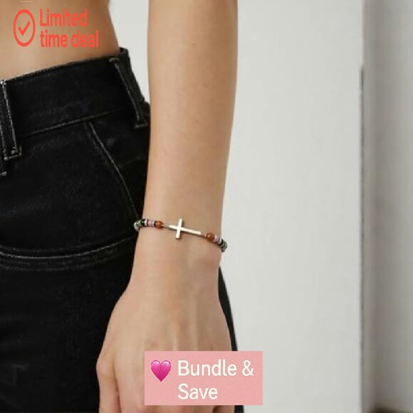 Adjustable Cross Bracelet Stainless Steel Natural Stones 6.5-8 Inch Wrist - Picture 2 of 6